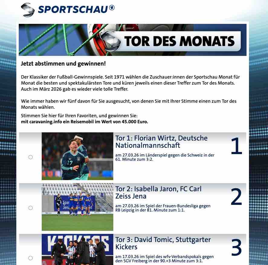sportschau tor des monats reisemobil gewinnen